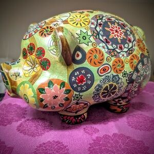 Vintage Mexican hand-painted boho Colorful Floral Piggy Bank (large)